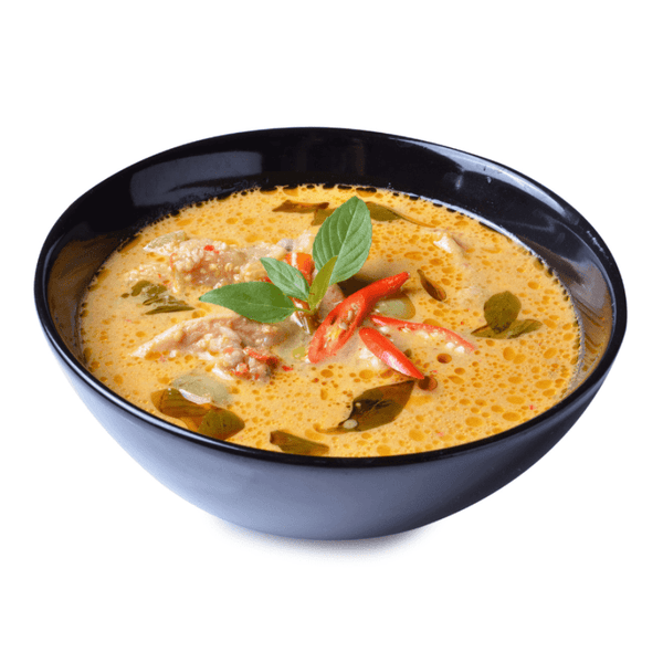 Phat Noodle's Peanut Satay made with rich & nutty peanut coconut sauce with roast chicken, broccoli, carrots, peppers & cabbage, served with white rice.